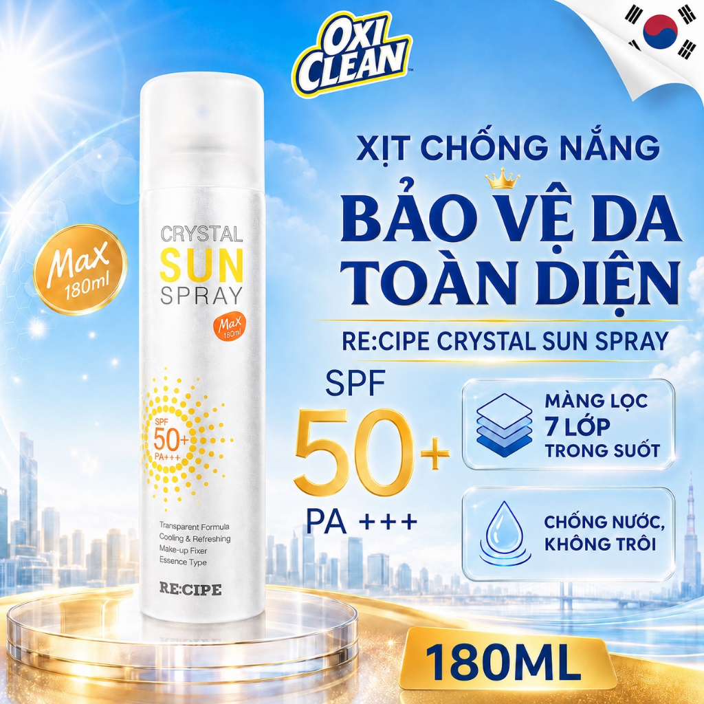 Xịt Chống Nắng Mặt và Body RECIPE Hàn Quốc Xịt Khoáng Chống Nắng khóa Makeup Chống Nước Không Trôi 80ml/180ml