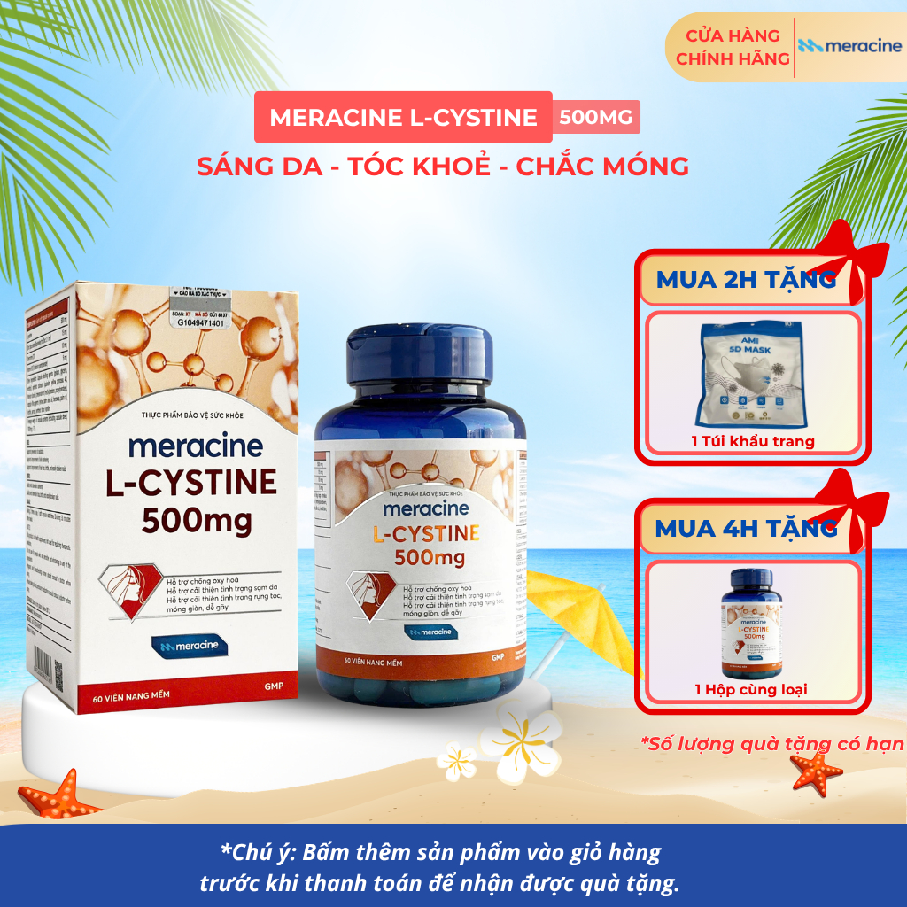 Viên Uống Meracine L-Cystine 500mg Giúp Sáng Da, hỗ trợ giảm nám, giảm mụn, rụng tóc, giảm gãy móng 