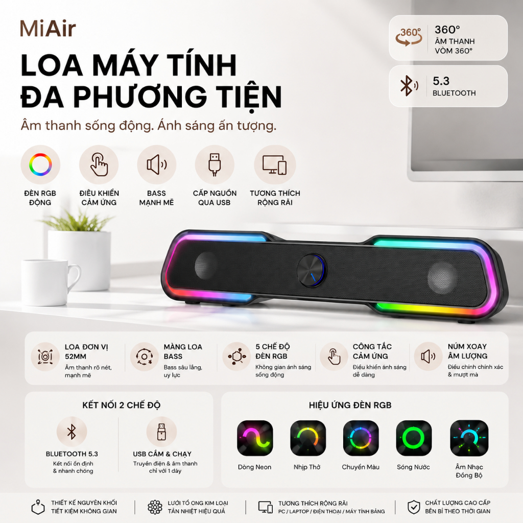 GTX Loa Soundbar Bluetooth RGB | Loa Gaming Để Bàn Có Dây & Không Dây