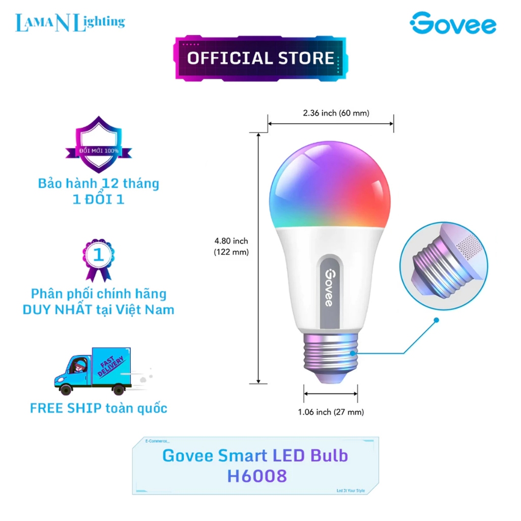 Bóng LED đổi màu Govee H6008 WiFi+ Bluetooth | App thông minh, 16 triệu màu và 10 hiệu ứng
