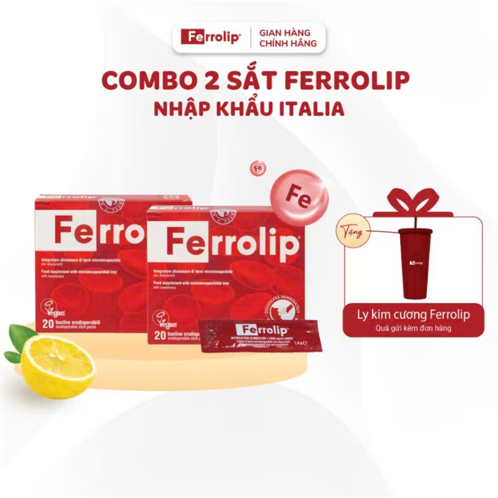Combo 2 sắt Ferrolip - Tặng 1 ly kim cương Ferrolip, sắt hữu cơ không tanh, hương chanh, bs mẹ bầu, 