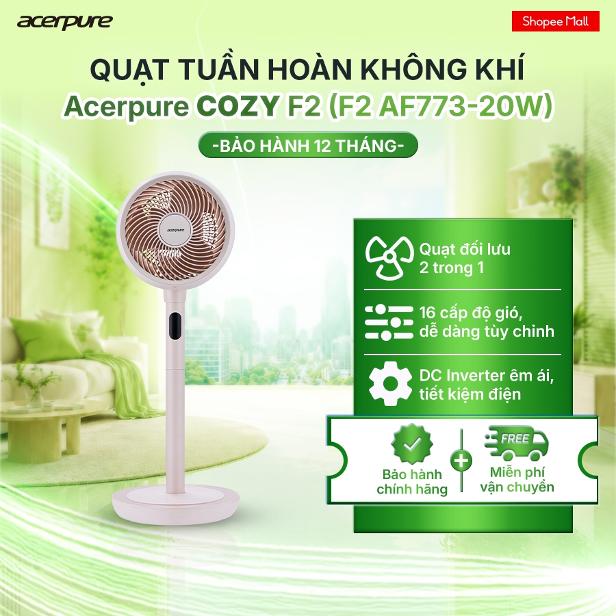 Quạt tuần hoàn không khí Acerpure Cozy F2 động cơ Inverter tiết kiệm điện, gió 25m - BH 12 tháng