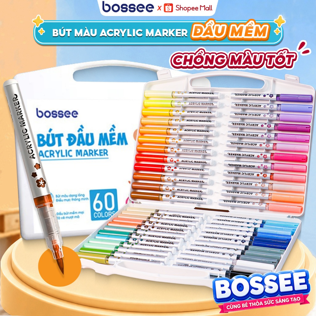 Hộp Bút Màu Acrylic Marker Cao Cấp Bossee Đầu Mềm Không Lem, 60 Màu Có Thể Vẽ Trên Nhiều Chất Liệu