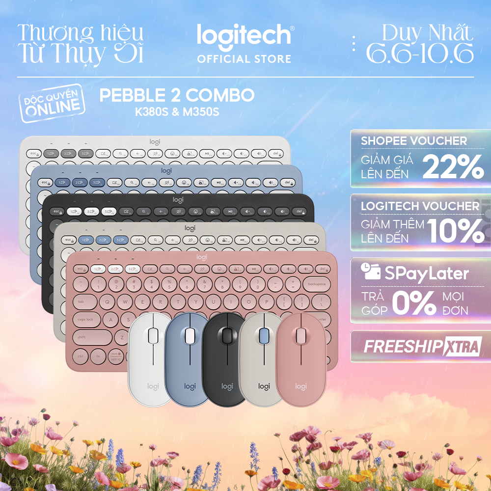 Pebble 2 Combo, Bàn phím Bluetooth Logitech K380s và chuột Logitech M350s - Yên tĩnh,  Easy-Switch