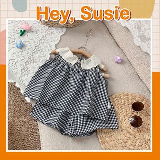 Set Kẻ Caro Cổ Đen Cổ Ren Cho Bé Gái Size 8-20kg Hey Susie S7235