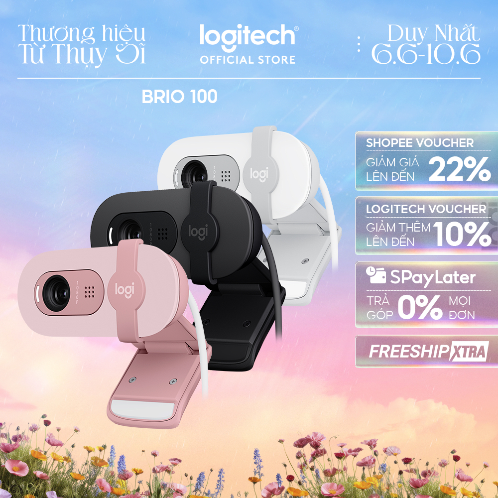 Webcam Full HD Logitech Brio 100 - Cân bằng ánh sáng, Mic, Màn chập, USB-A, Google Meet, Zoom