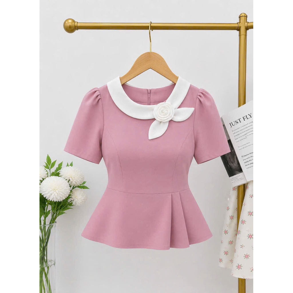 Áo công sở nữ H56 bâu đính hoa tay ngắn Fullsize