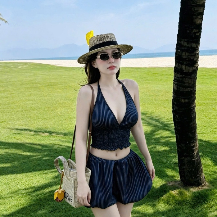 Set Kẻ Xanh Gồm Áo Cổ Yếm Có Mút Dáng Croptop + Chân Váy Bí Cạp Thấp Kẻ Sọc | BigBuy360 - bigbuy360.vn