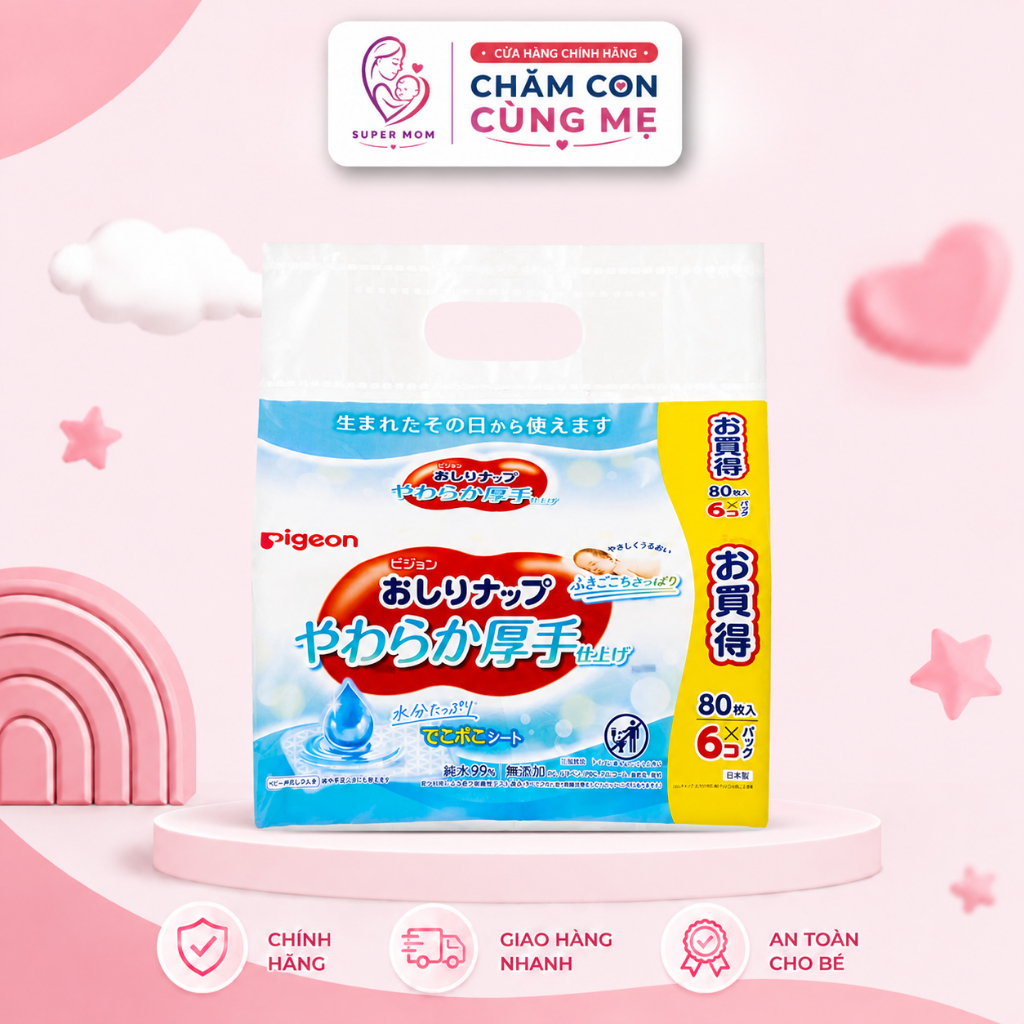 Khăn giấy ướt Pigeon Nhật Bản cho bé từ 0 tháng tuổi 80 miếng/gói