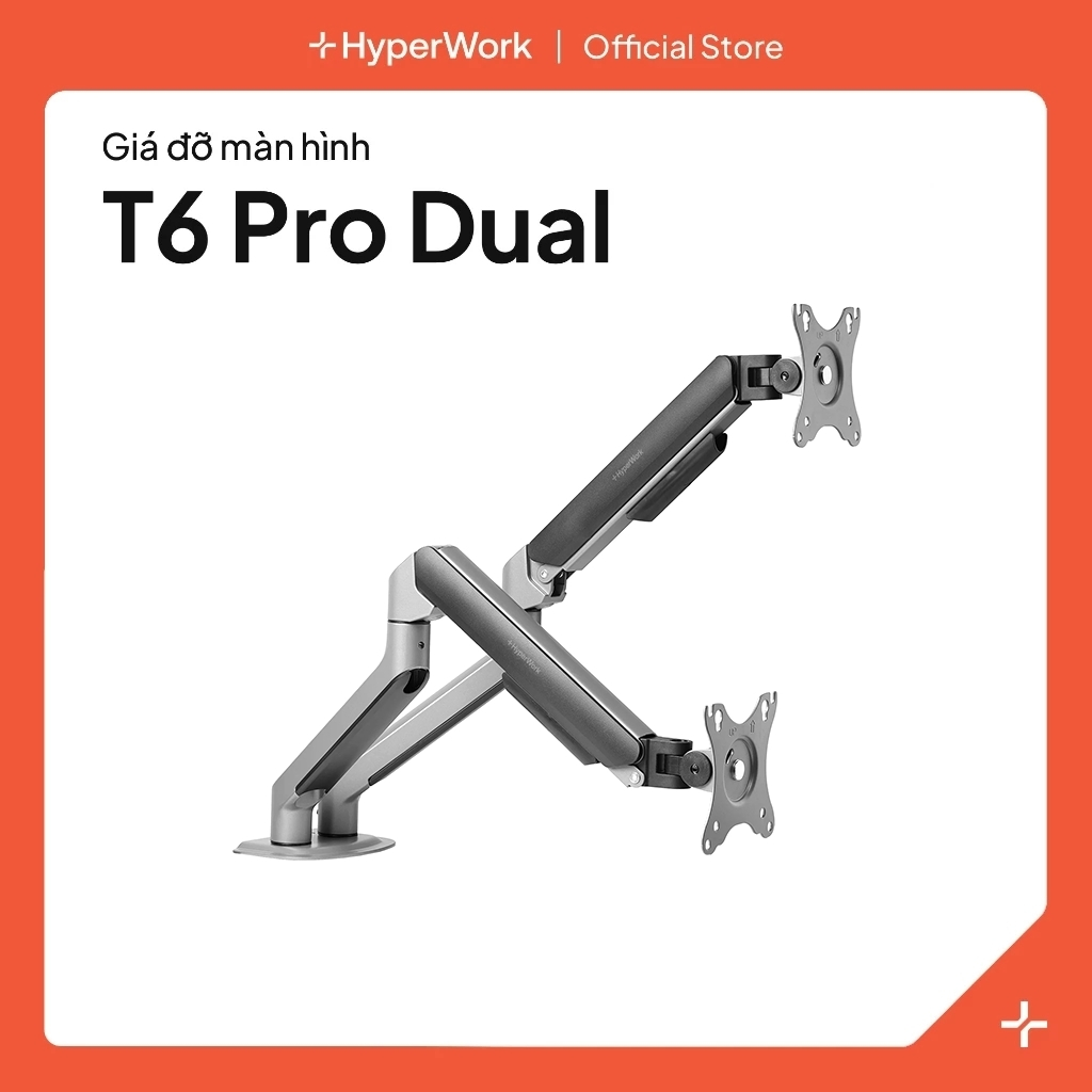 Giá đỡ màn hình đôi HyperWork T6 Pro Dual HPW-T6P.Dual.V2 trợ lực piston cho màn hình 17-32 inch tải trọng 2-9kg