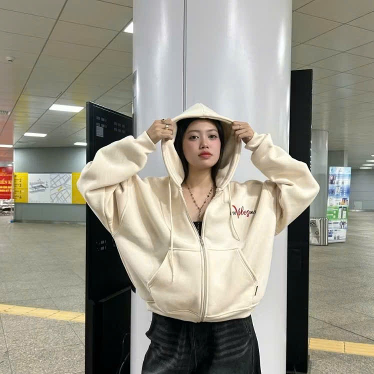 Áo Khoác Hoodie Nỉ Có Khóa Kéo Chữ Good Vibes Thêu Nổi Bật Hot Trend- TIFU STORE