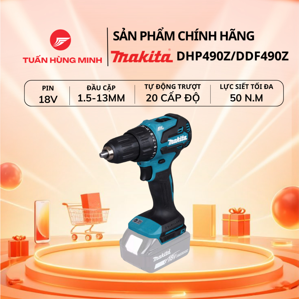 Máy Khoan, Máy Khoan Búa, Vặn Vít Dùng Pin 18V Makita DDF490Z/ DHP490Z, Không pin sạc - Chính Hãng T