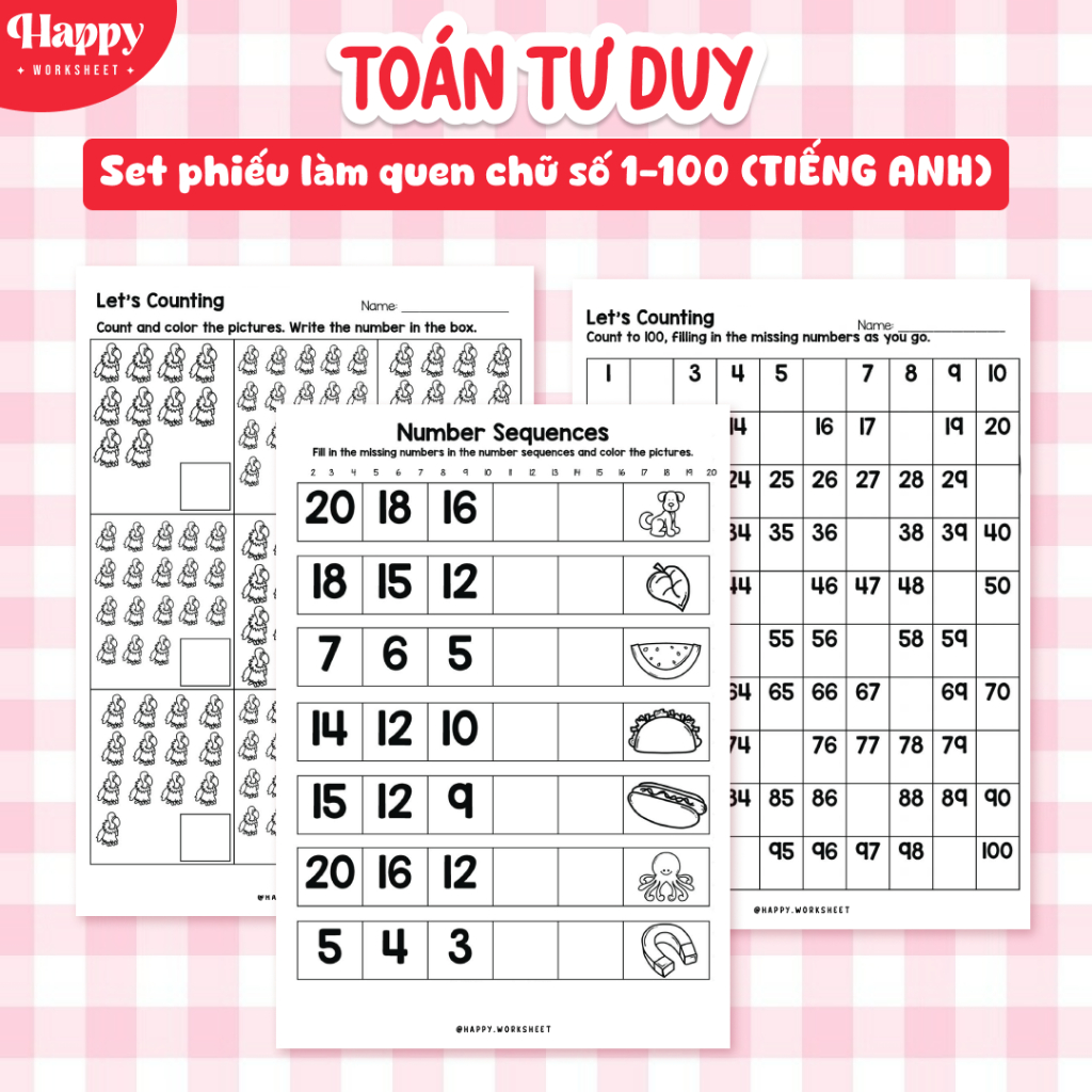 Set Phiếu Làm Quen Chữ Số 1–100 | Kết Hợp Học Toán Và Tiếng Anh