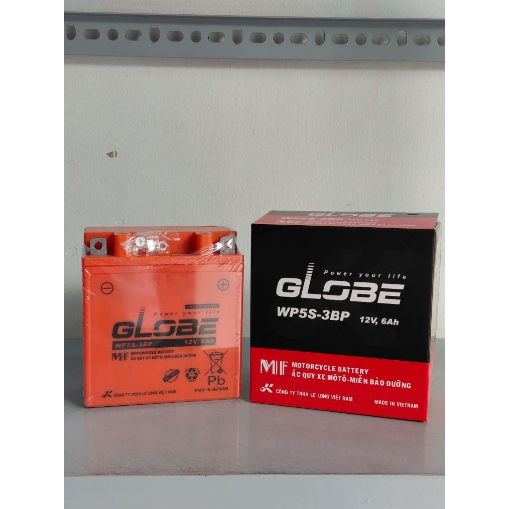 Bình ắc quy 12v khô GLOBE WP5S-3BP | 12V - 6ah, cho xe dream, wave thái, sirius xăng cơ.
