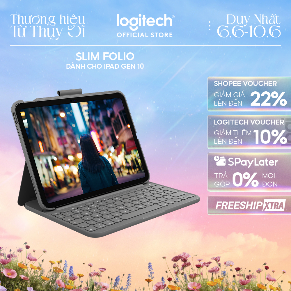 Bao da case kèm phím Logitech Slim Folio dành cho iPad Gen 10 (10.9 inch) & iPad A16 - Bluetooth, Pi