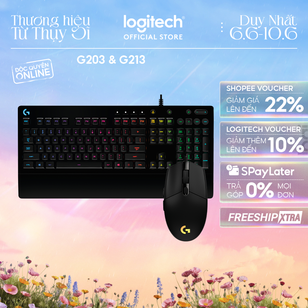 Combo Bàn Phím Gaming Logitech G213 và Chuột Gaming Logitech G203 - Tùy chỉnh RGB, kết nối G HUB