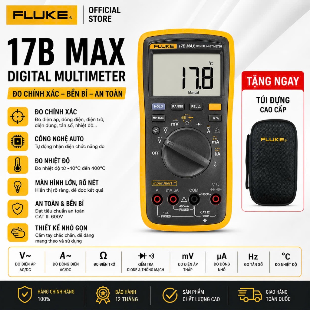 01 NĂM BẢO HÀNH | FLUKE 17B MAX,  Đồng hồ vạn năng đo điện áp, điện trở, dòng điện, nhiệt độ FLUKE 1