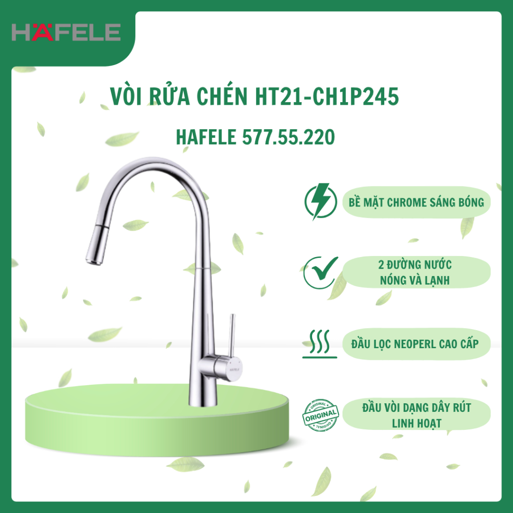 Vòi Rửa Chén Hafele HT21-CH1P245 577.55.220 Nóng Lạnh Dây Rút 2 Chế Độ Chrome Chính Hãng