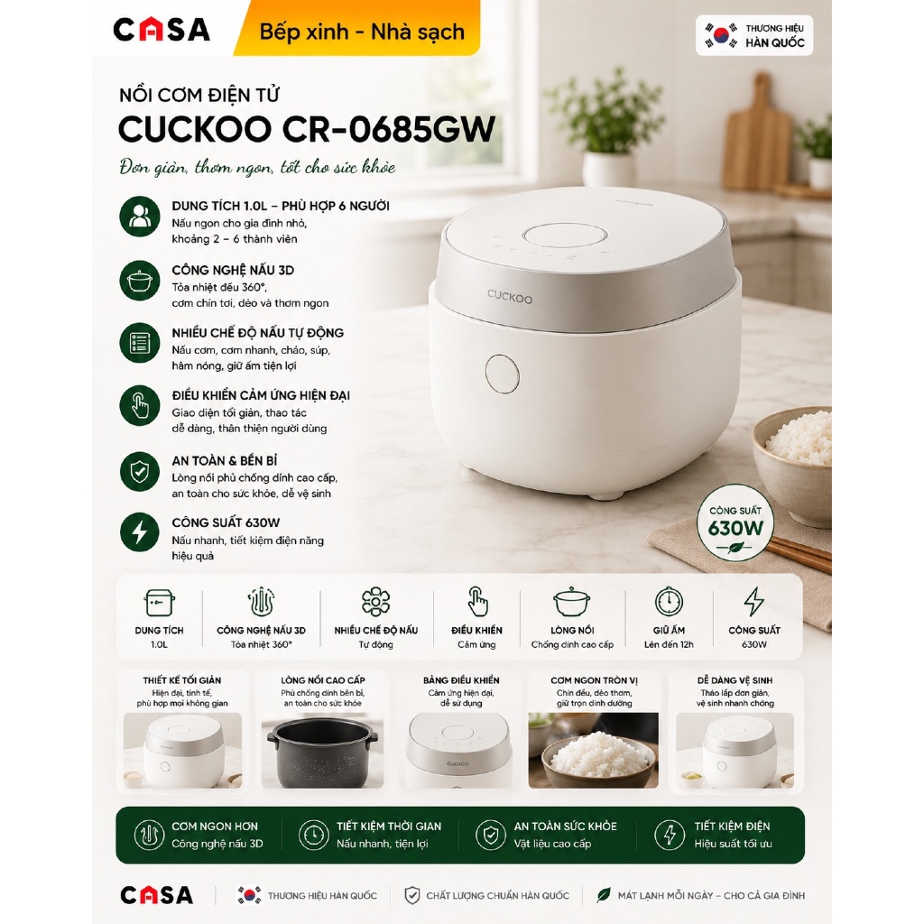 Nồi cơm điện tử Cuckoo CR-0685GW 1L , Màu Trắng 630W - Điều khiển cảm ứng