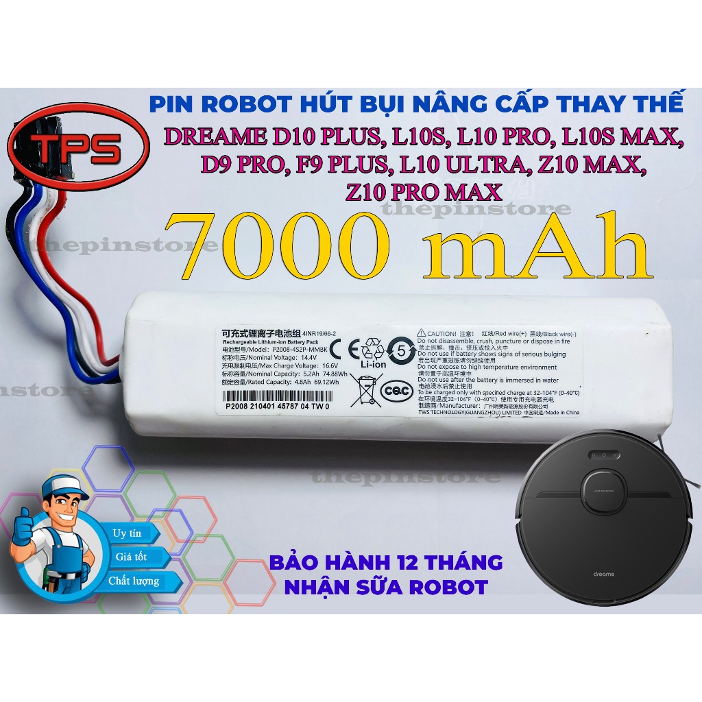PIN ROBOT HÚT BỤI THAY THẾ  DREAME D10 PLUS, L10S, L10 PRO, L10S MAX, D9 PRO, F9 PLUS, L10 ULTRA, Z1