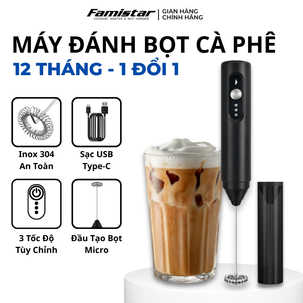 Máy Đánh Bọt Cà Phê 10W Pin Sạc Cầm Tay Nhỏ Gọn Famistar, Cây Đánh Bọt Cà Phê Bảo Hành 1 Năm MDB01