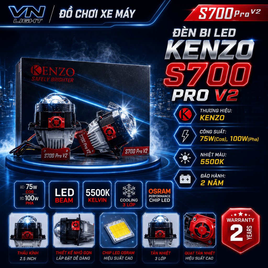 Đèn Bi LED Kenzo S700 Pro V2 100W Chính Hãng Siêu Sáng Cos Pha Rõ Nét Bám Đường Tốt Cao Cấp BH 2 Năm