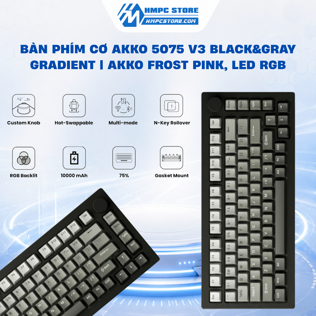 Bàn phím cơ AKKO 5075 V3 Black&Gray Gradient | Akko Frost Pink, LED RGB, Bảo hành 12 tháng