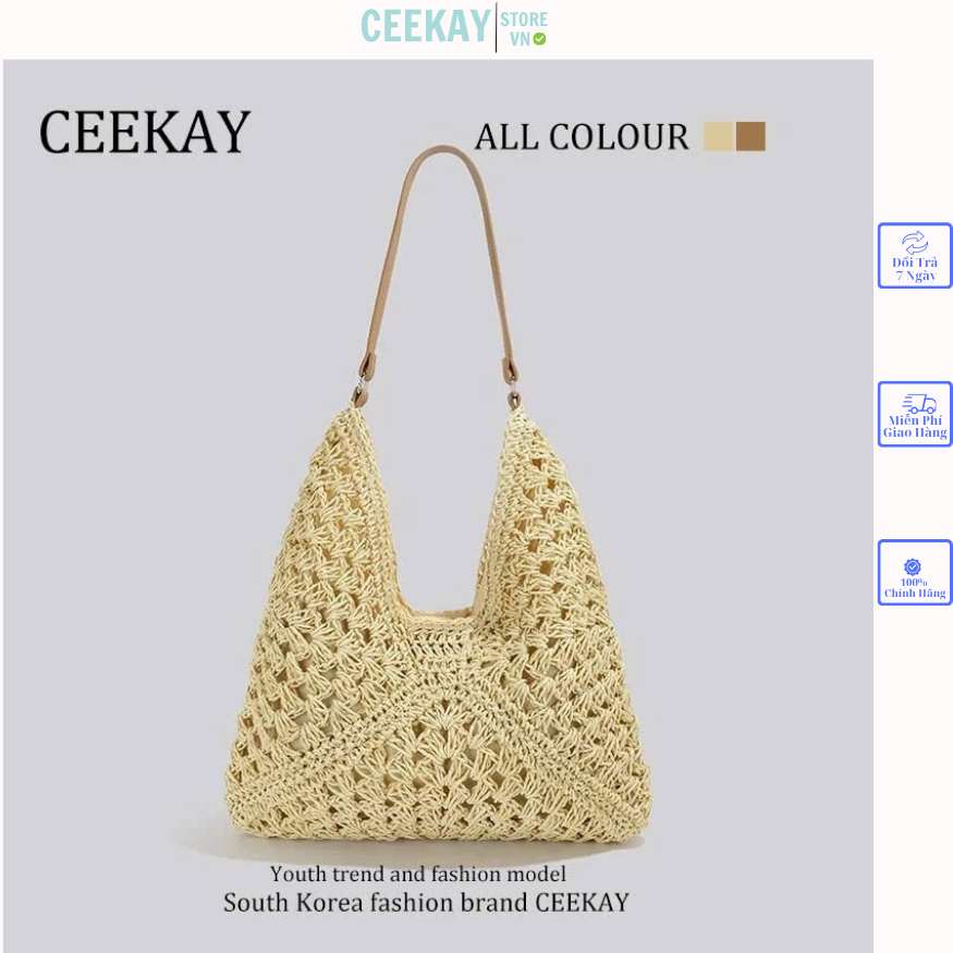 𝑪𝑬𝑬𝑲𝑨𝒀 𝑩𝑨𝑮 Túi Tote Đi Biển Ceekay Dệt Lưới Tay Đeo Dây Da Cao Cấp - Túi Cói Đi Biển Ceekay Chính Hã