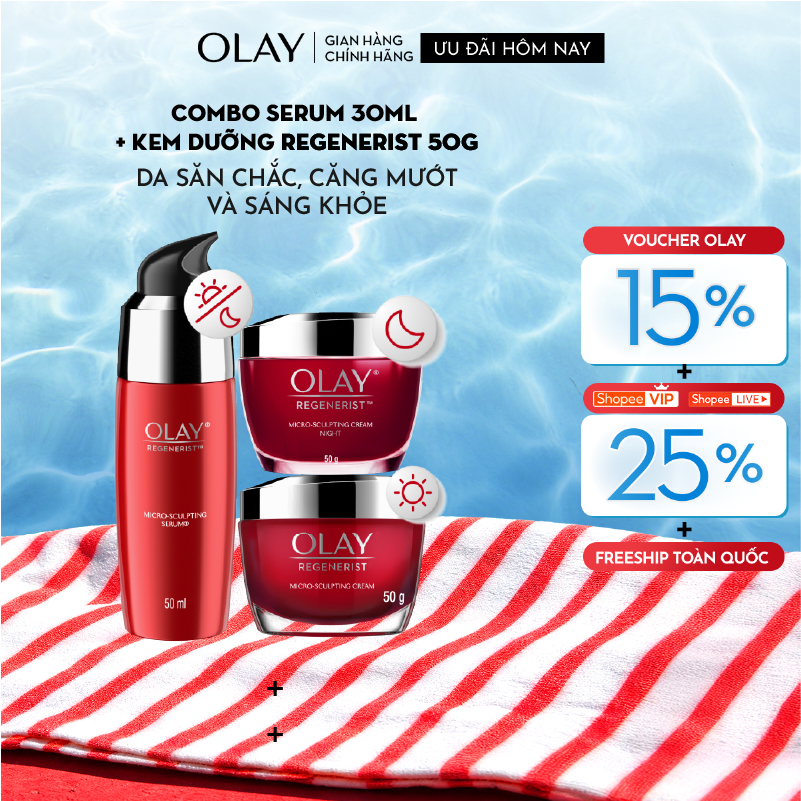 Combo 3: Kem Dưỡng Ẩm OLAY REGENERIST Ngày & Đêm + Serum Căng Mướt, Sáng Khỏe & Phục Hồi Dấu Hiệu Lã