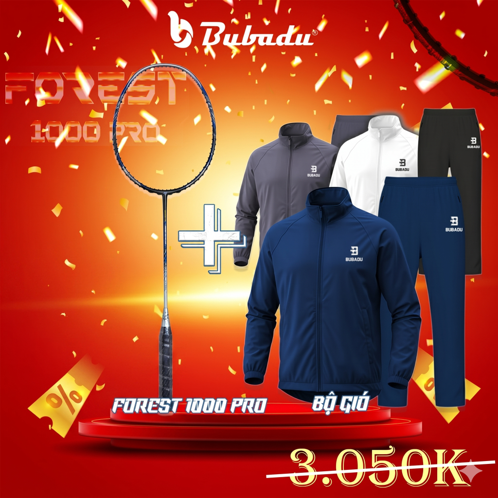 Combo Vợt Cầu Lông Bubadu Forest 1000 Pro & Bộ Quần Áo Gió Bubadu Cao Cấp - Tặng Kèm Cước