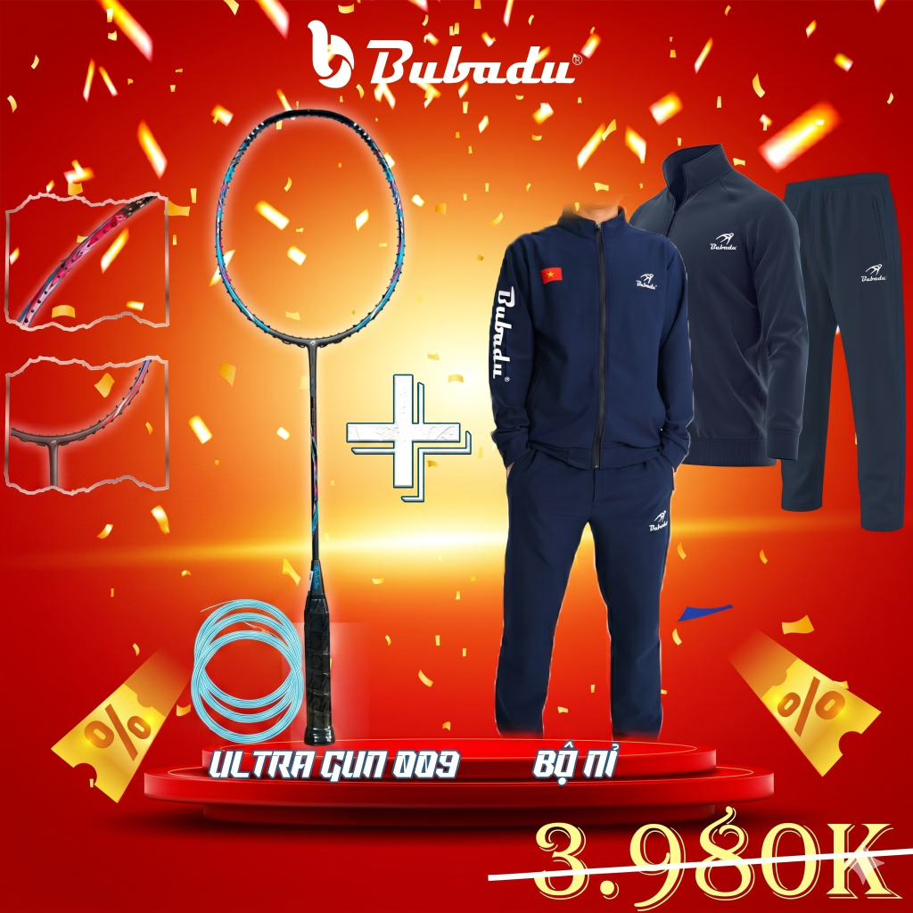 Combo Vợt Cầu Lông Bubadu Ultragun 009 Tấn Công & Bộ Quần Áo Nỉ Thể Thao Bubadu cao cấp, tặng cước