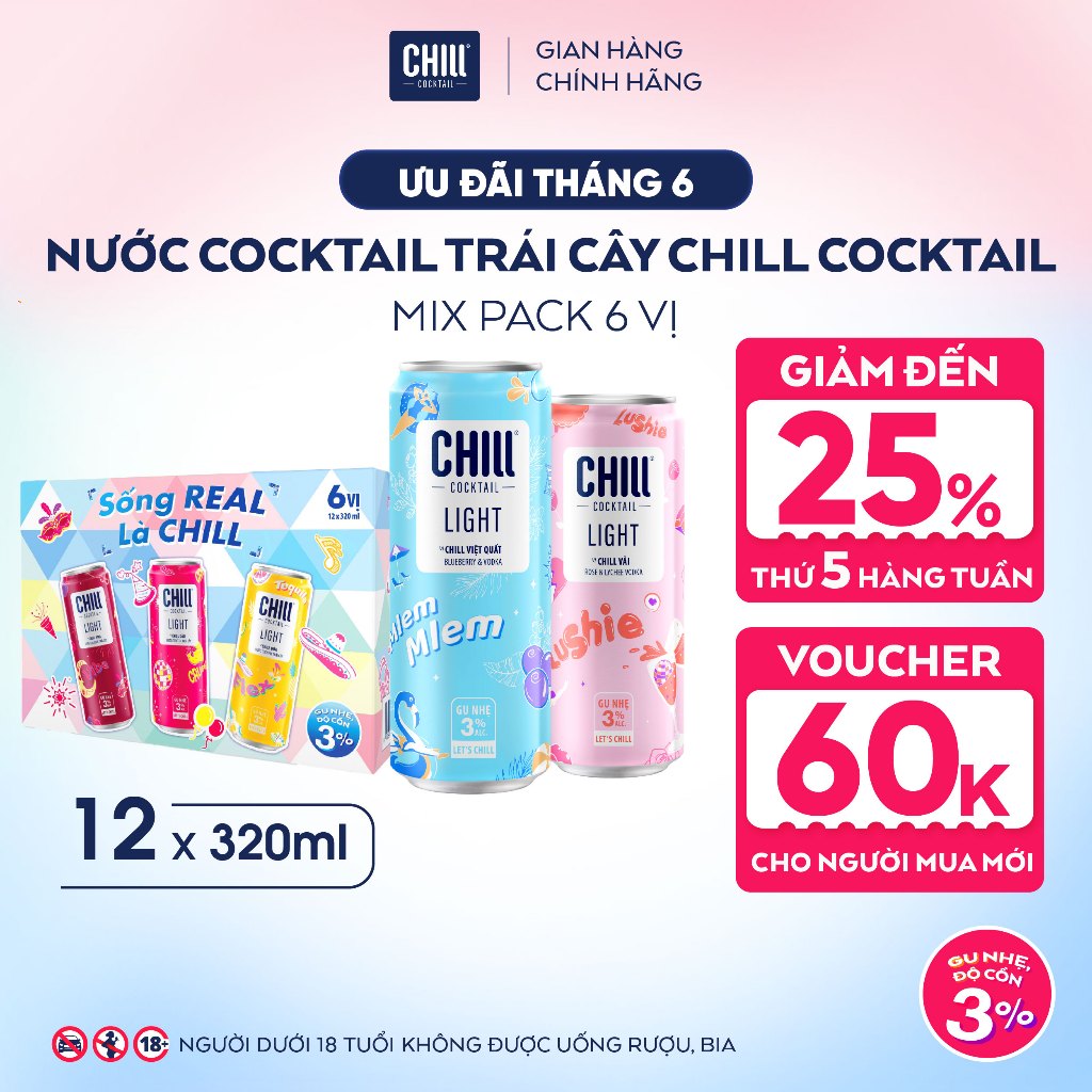 Thùng 12 Lon CHILL COCKTAIL LIGHT Mix 6 Vị 320ml, Nước Cocktail Trái Cây Gu Nhẹ 3% Ít Cồn - Sống REA