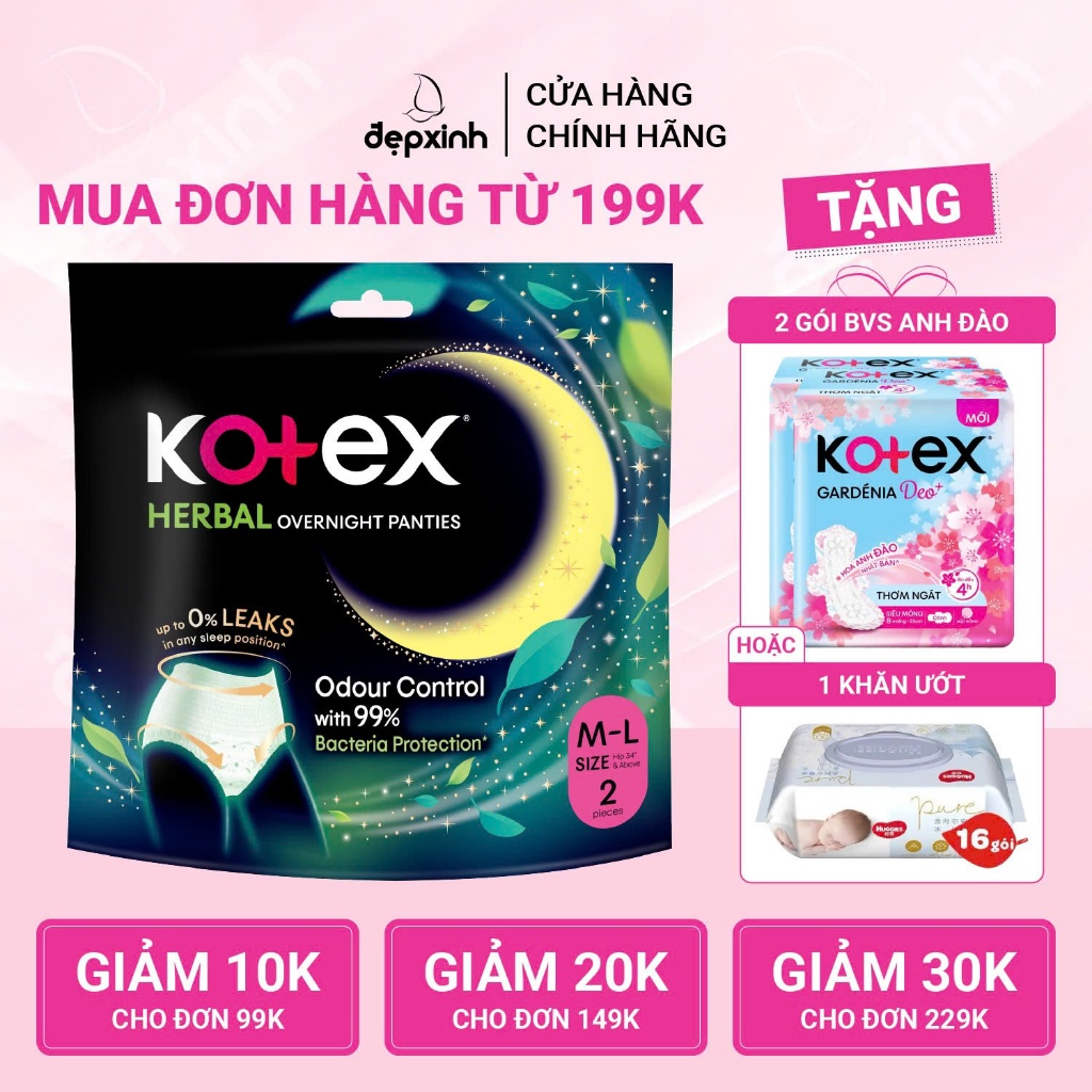 Băng vệ sinh Kotex Herbal đêm dạng quần Size M-L 2 Miếng
