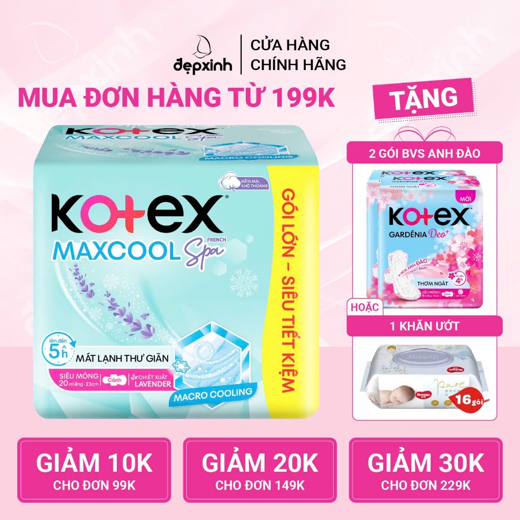 Băng vệ sinh siêu mỏng Kotex Max Cool siêu mát 23cm gói 20 miếng