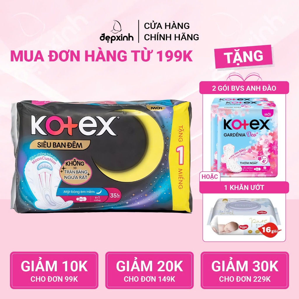 Băng Vệ Sinh siêu ban đêm Kotex có cánh gói 3 miếng x 35cm
