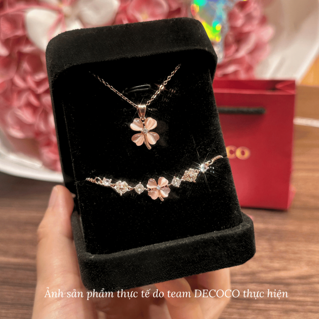 Set vòng cổ & vòng tay BLESS cỏ 4 lá hoa mai đính đá DECOCO ACC  ( kèm Túi giấy + Hộp + Thiệp ) | BigBuy360 - bigbuy360.vn