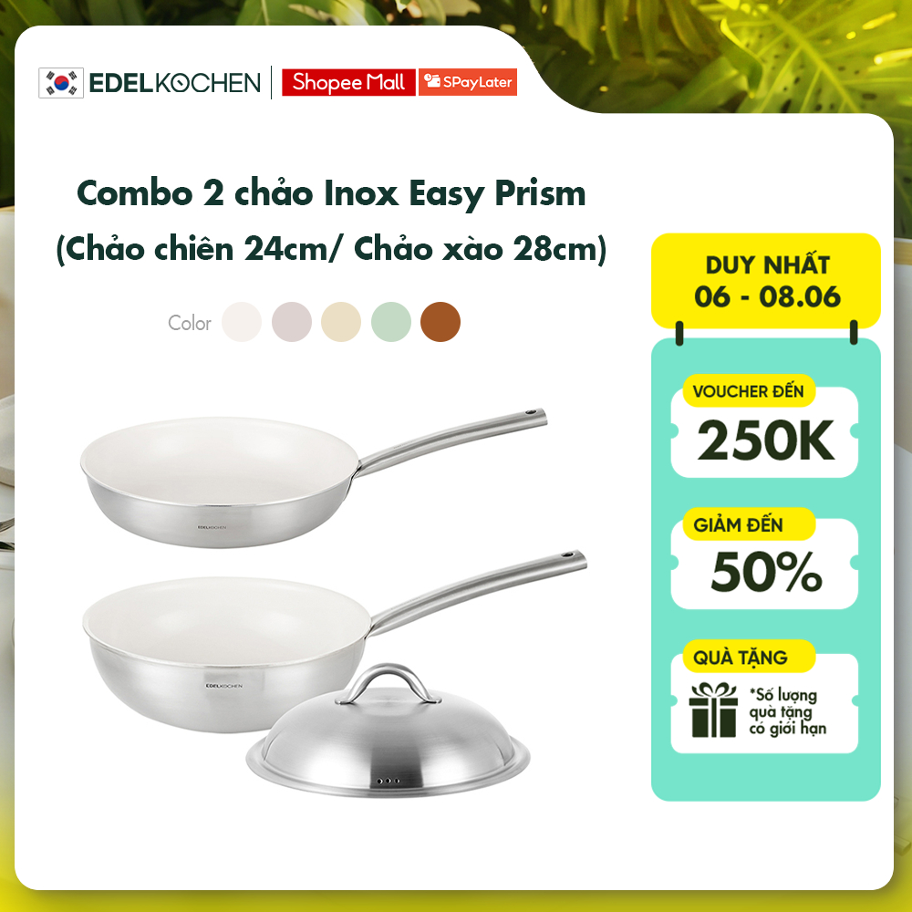 Combo 2 chảo inox Edelkochen Easy Prism - Màu Cream (Chảo chiên 24cm/ Chảo xào 28cm)