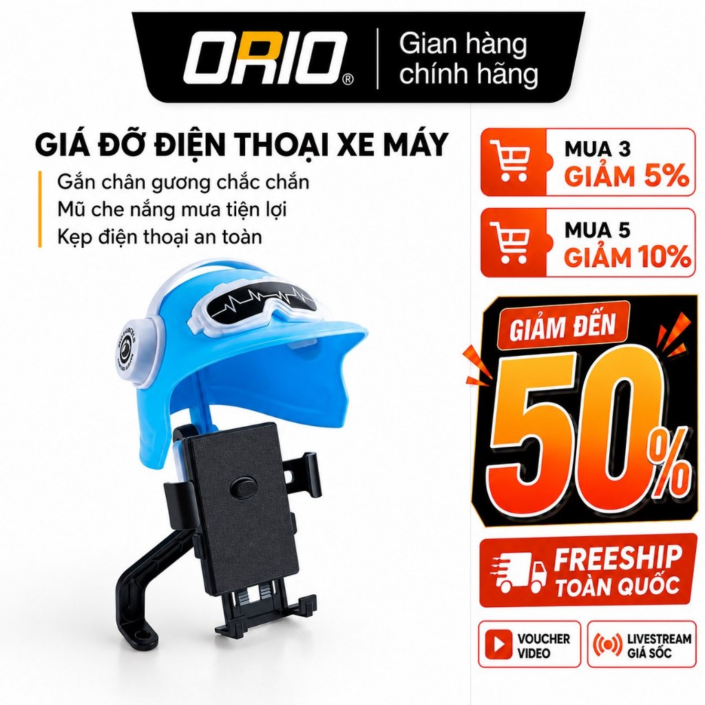 Giá Đỡ Kẹp Điện Thoại ORIO Gắn Chân Gương Xe Máy Kèm Mũ Bảo Hiểm Che NẮNG MƯA