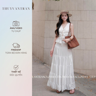 Set áo sát nách thô ren buộc dây và chân váy dài xoè THUYVANTRAN
