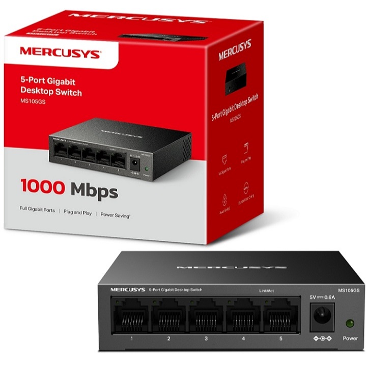 Bộ Chia Mạng Switch Mercusys MS105GS lan Gigabit (10/100/1000 Mbps/ 5 Cổng/ Vỏ Thép)