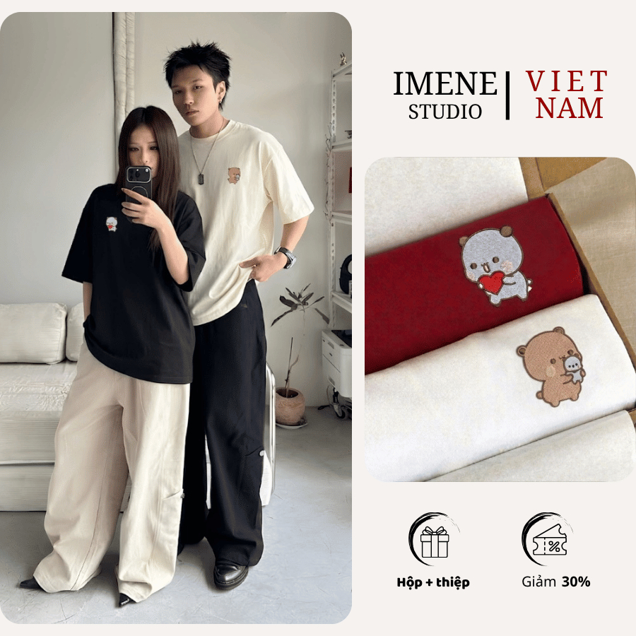 Áo thun THÊU cặp đôi nam nữ, áo phông bạn thân vải cotton GẤU TIM  form rộng local brand tay lỡ unis