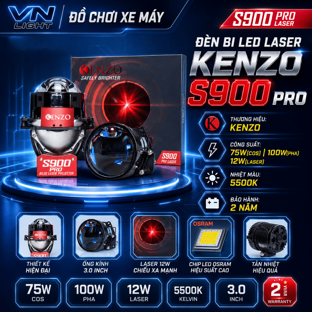 Đèn Bi LED Kenzo S900 Pro 100W Chính Hãng Siêu Sáng Cos Pha Rõ Nét Bám Đường Tốt Cao Cấp BH 2 Năm