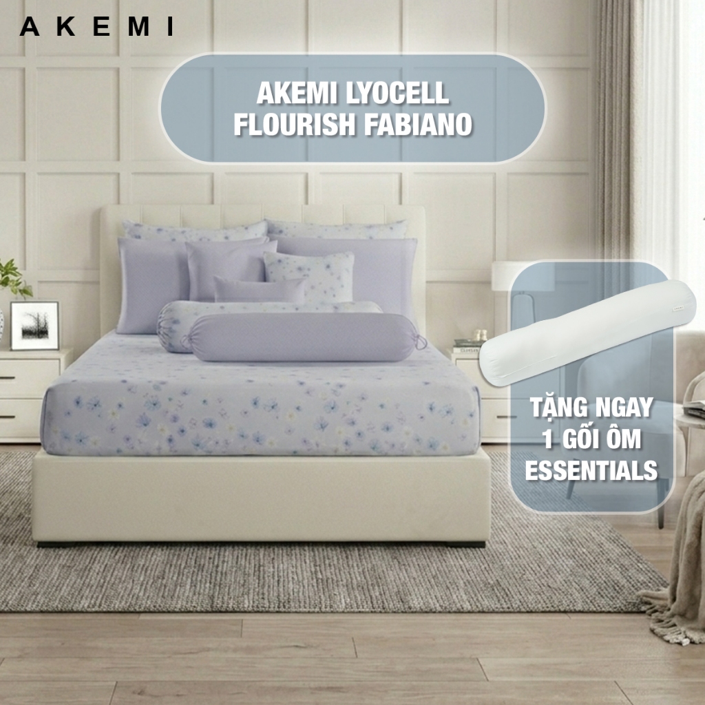 Bộ Ra Gối 5 Món Cao Cấp AKEMI Lyocell Flourish phối 2 màu 900 TC Vải Lyocell Mềm Mát, Thấm Hút Tốt, 