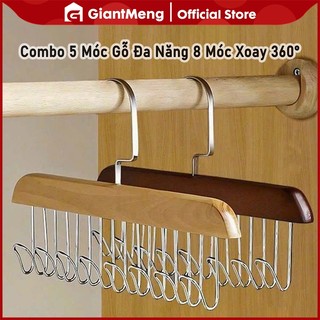 Combo 5 Móc Gỗ Đa Năng 8 Móc Xoay 360° - Treo Đồ Lót, Thắt Lưng, Khăn, Tiết Kiệm Không Gian