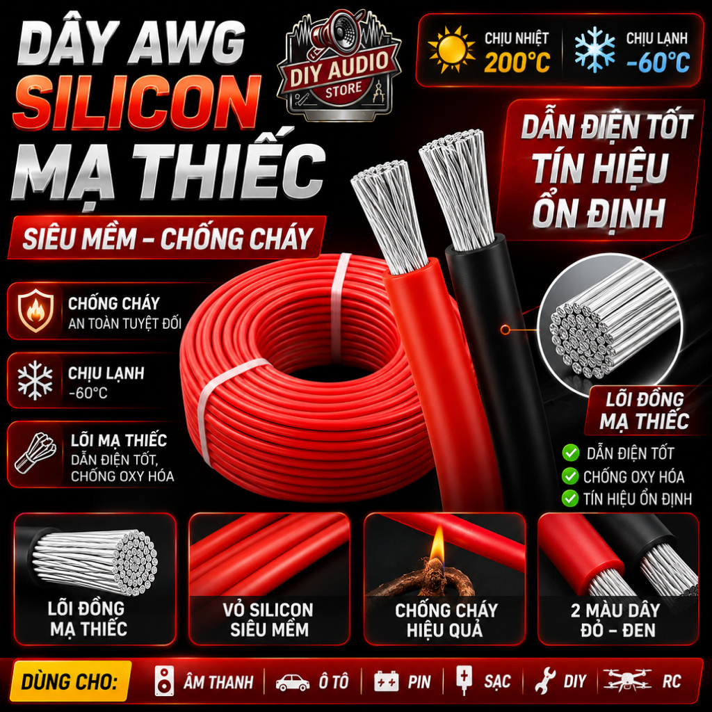 Dây điện AWG silicon siêu mềm, siêu chịu nhiệt, dây điện 15AWG 18AWG 20AWG 22AWG mạ thiếc