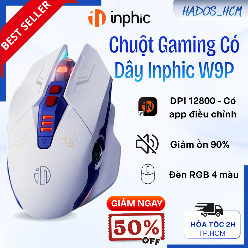 Chuột Gaming Có Dây Inphic W9P - Chống Ồn, Pin Sạc, Led RGB, DPI 12800 Có App Điều Chỉnh