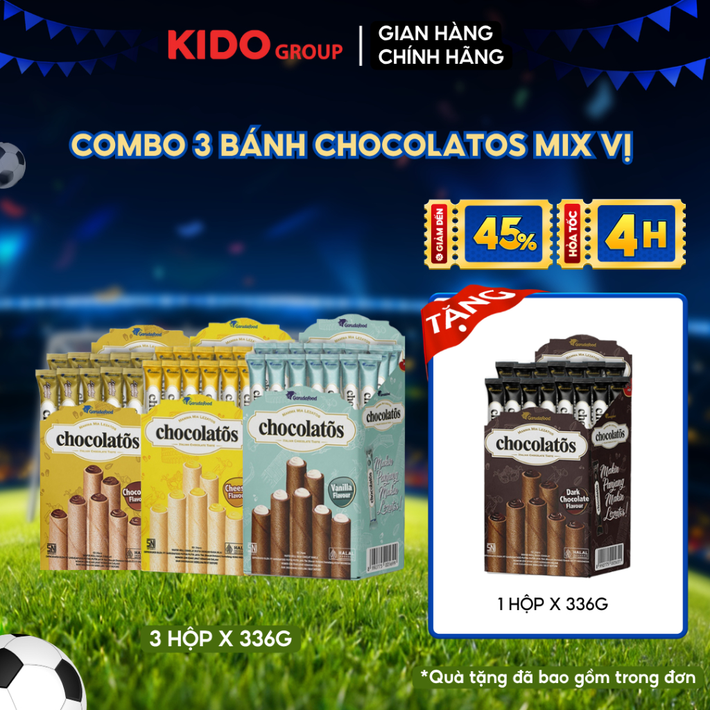 [Tặng 1 hộp vị Socola đen] Combo 3 bánh cuộn Chocolatos Vani + Phô mai + Socola | Kido Group