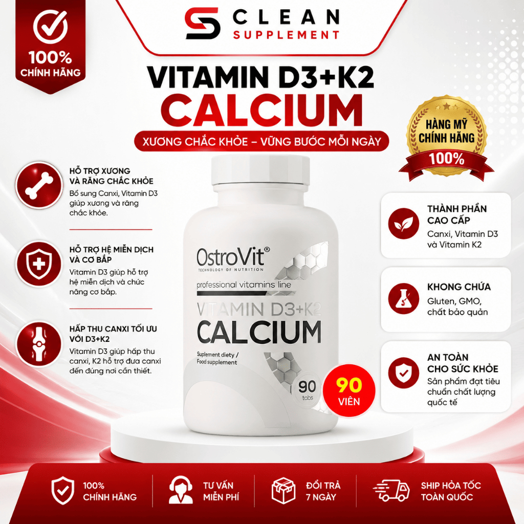 OstroVit Vitamin D3 K2 Calcium 90 Viên - Cung Cấp Canxi & D3 K2
