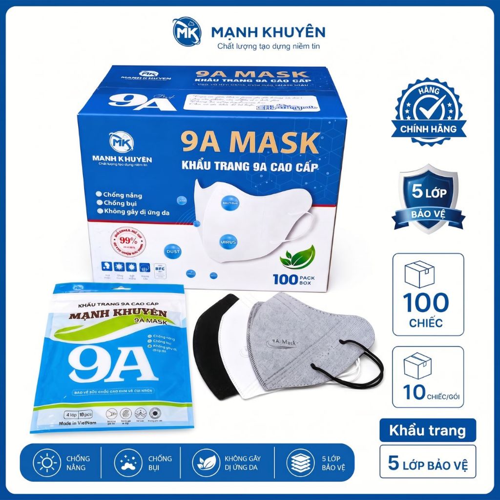 [9A] Combo 200 chiếc Khẩu Trang 9A Mạnh Khuyên 5 lớp dày,form to che kín mặt,chống nắng, chống UV