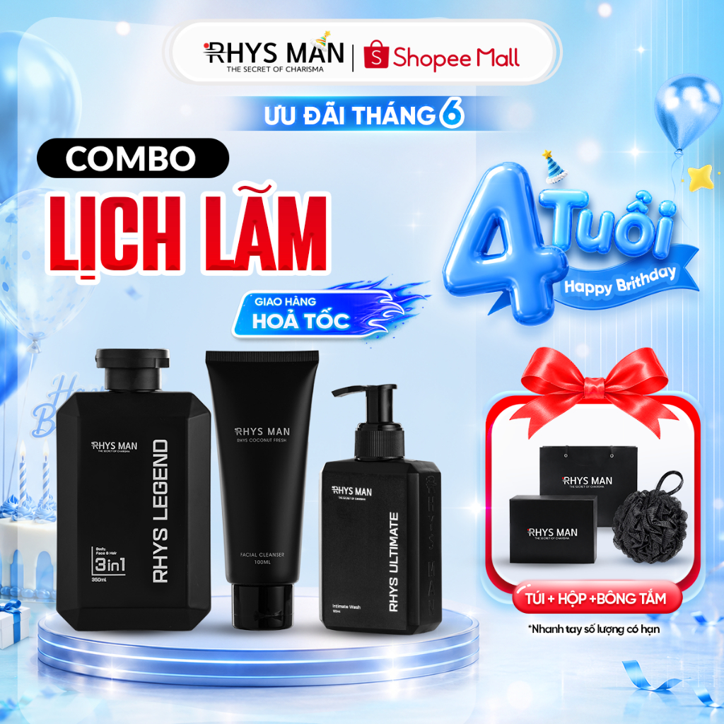 Combo Sữa tắm gội nam 3in1 350ml & Sữa rửa mặt nam 100ml & Dung dịch vệ sinh nam 120ml RHYS MAN